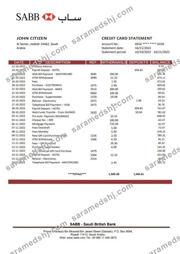 Saudi Arabia SABB bank statement